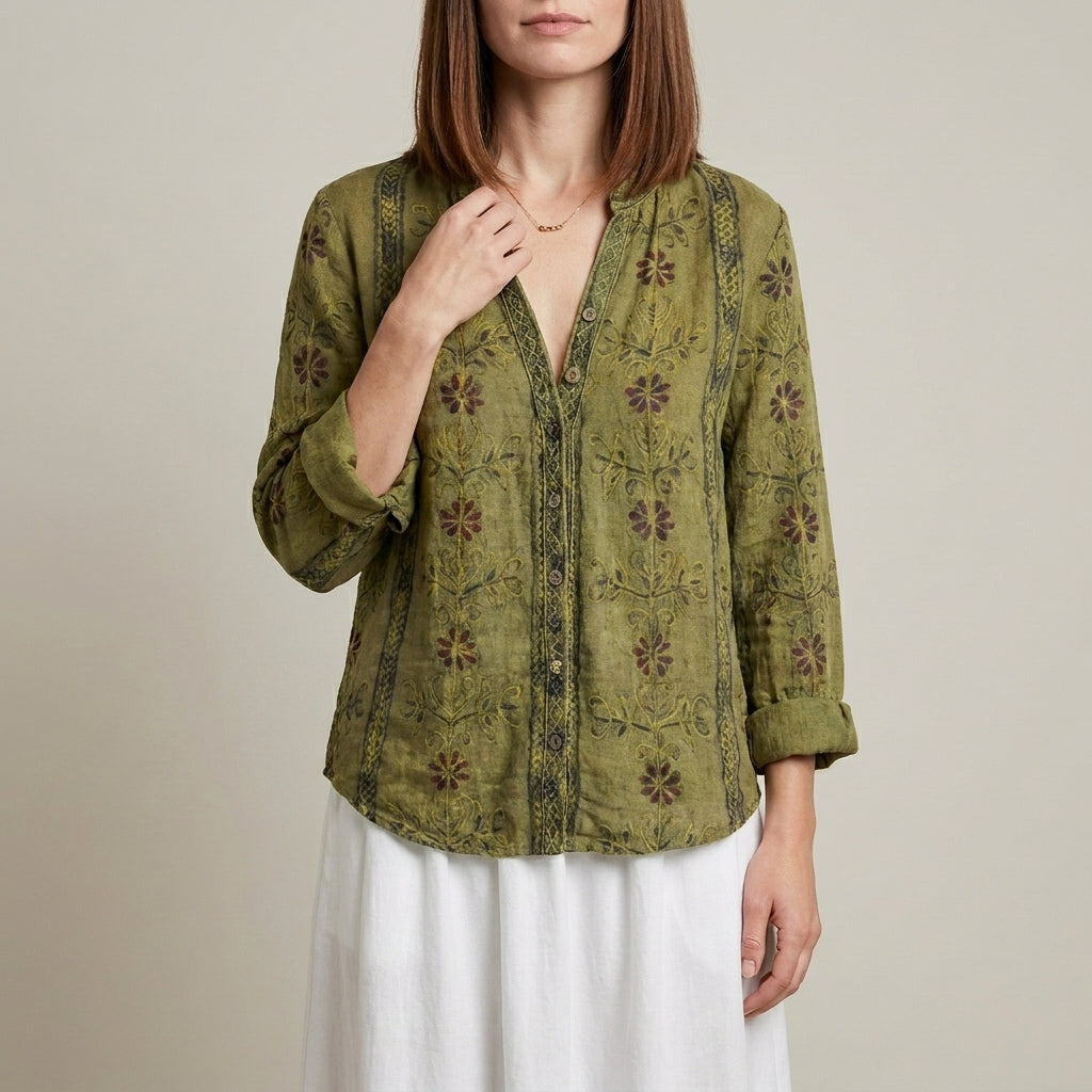 Green floral V-neck long sleeve linen blouse for women by Christine Brewer, perfect for summer casual wear.