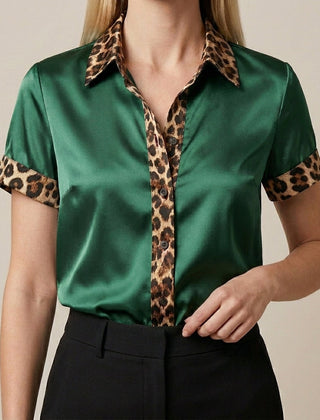 Green leopard print summer blouse for women by Christine Brewer, short sleeve top with stylish pattern and relaxed fit.