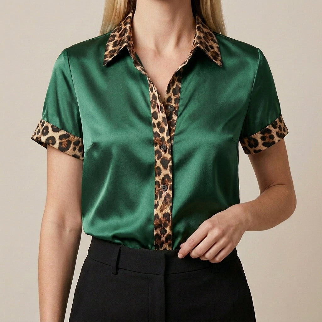 Green leopard print summer blouse for women by Christine Brewer, short sleeve top with stylish pattern and relaxed fit.