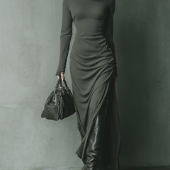 Grey knit hooded maxi dress for women by Christine Brewer, featuring a relaxed fit and cozy hooded design.
