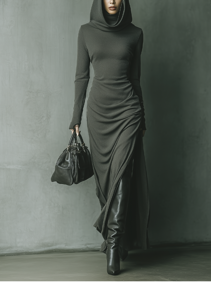Grey knit hooded maxi dress for women by Christine Brewer, featuring a relaxed fit and cozy hooded design.