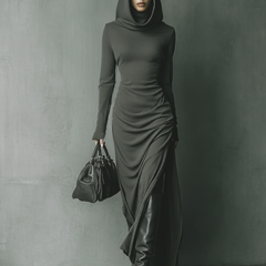 Grey knit hooded maxi dress for women by Christine Brewer, featuring a relaxed fit, long sleeves, and a hooded neckline.