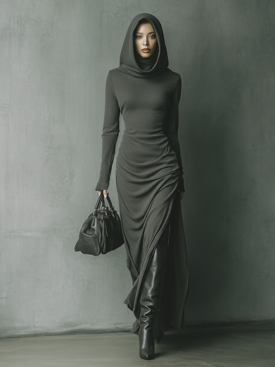 Grey knit hooded maxi dress for women by Christine Brewer, featuring a relaxed fit, long sleeves, and a hooded neckline.