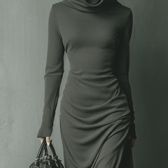 Grey knit hooded maxi dress for women by Christine Brewer, featuring a relaxed fit and hooded design, perfect for casual wear.