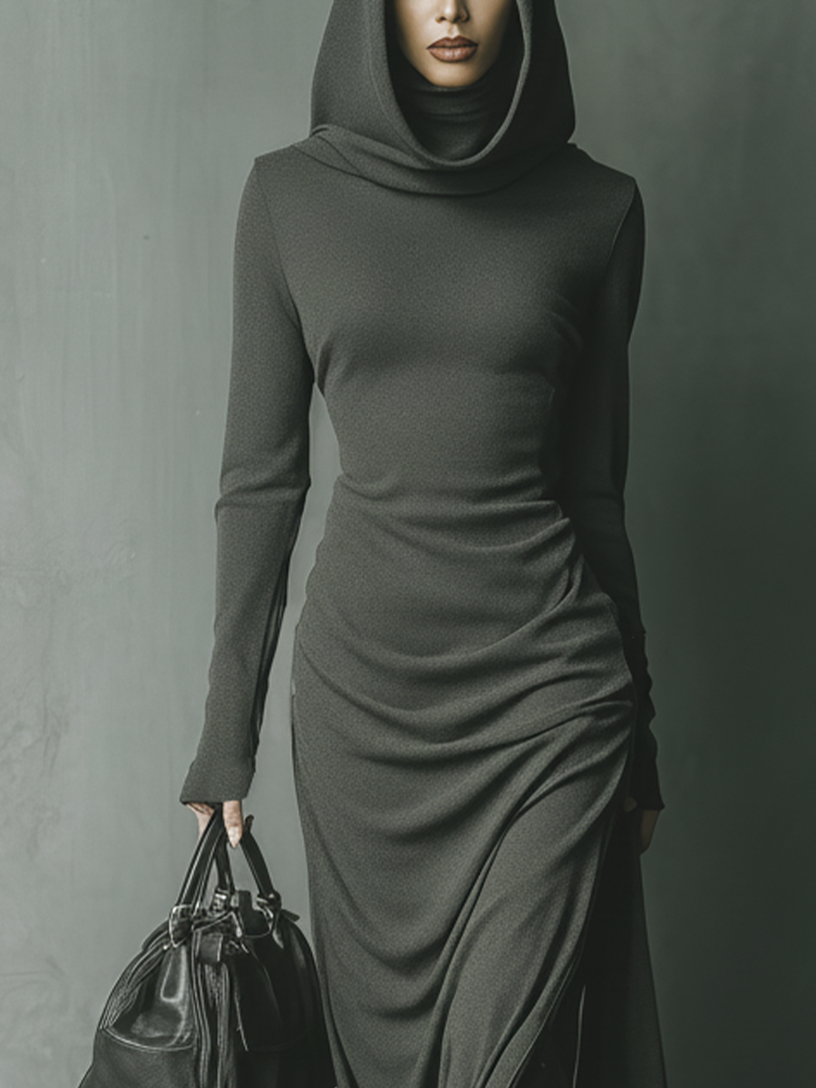 Grey knit hooded maxi dress for women by Christine Brewer, featuring a relaxed fit and hooded design, perfect for casual wear.