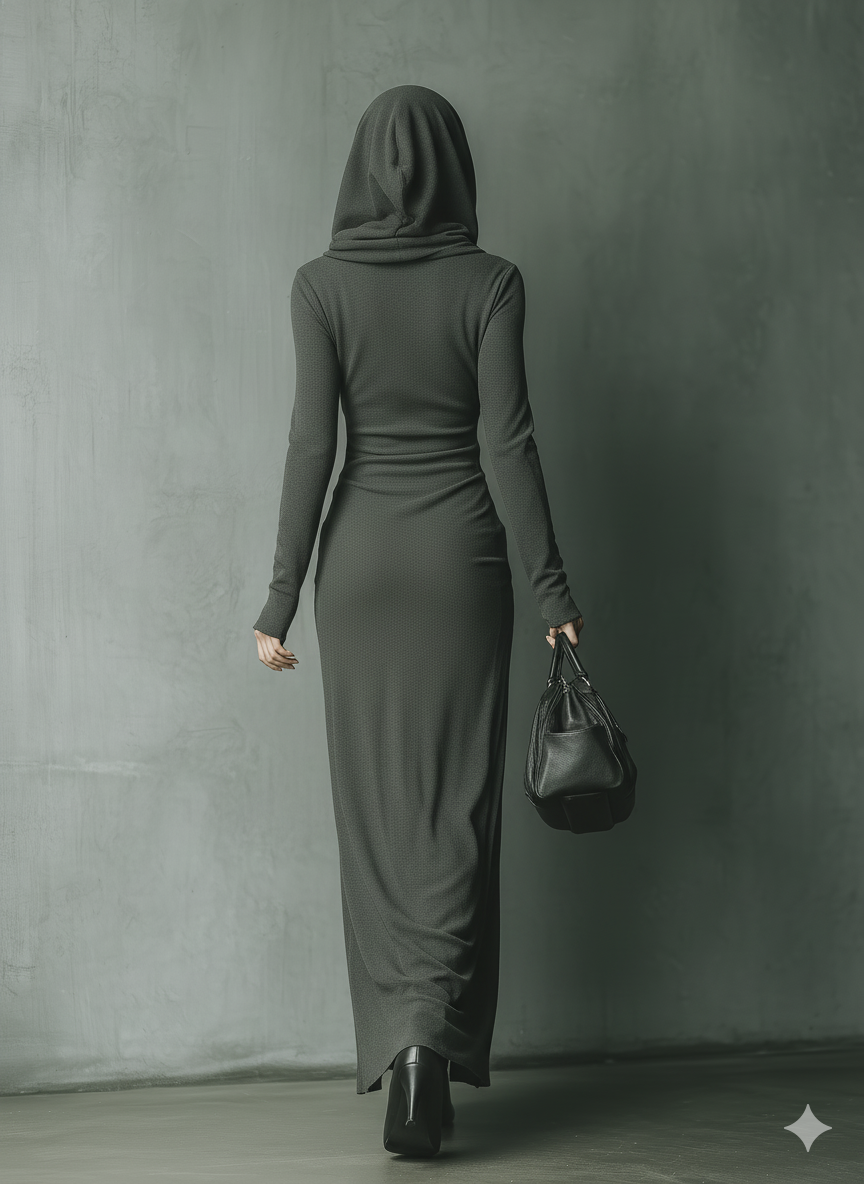 Grey knit hooded maxi dress for women by Christine Brewer, featuring a relaxed fit and cozy hood, perfect for casual wear.