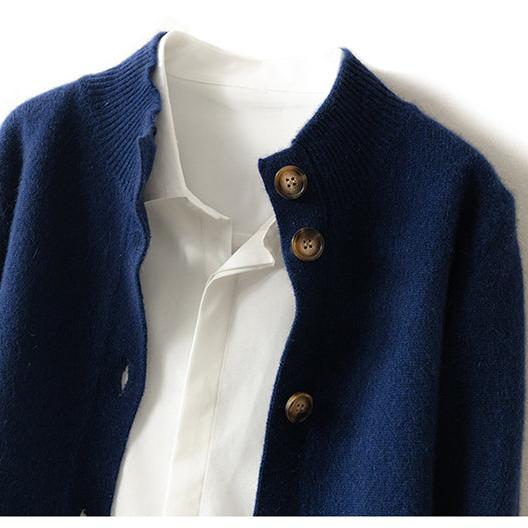 Christina cashmere high neck cardigan for women, in soft beige, featuring a cozy fit and elegant design by Christine Brewer.