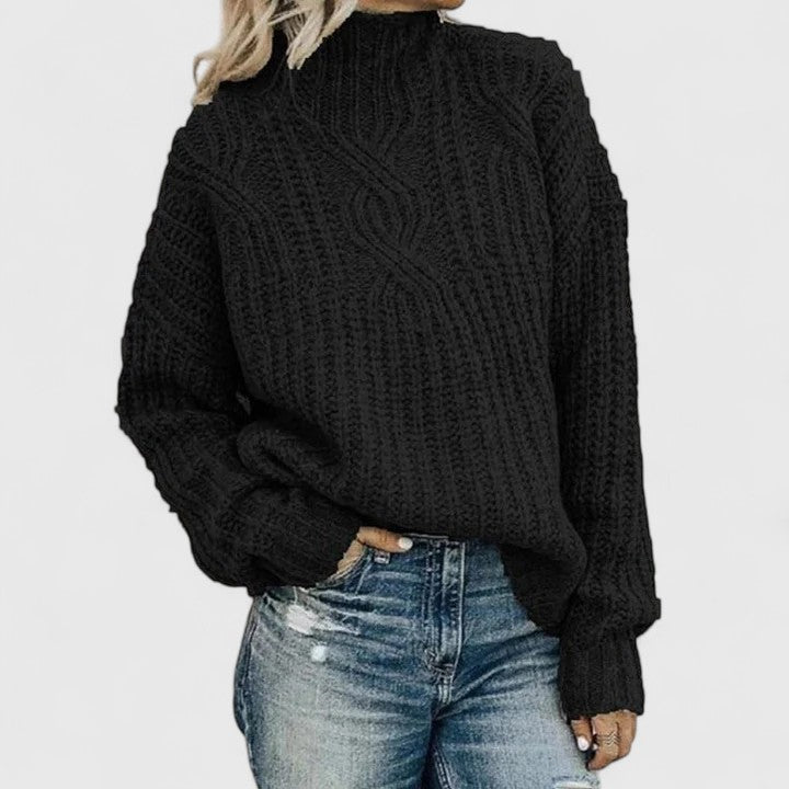 Cable knit sweater for women, Tabitha by Christine Brewer, featuring a cozy, textured design in a neutral color.