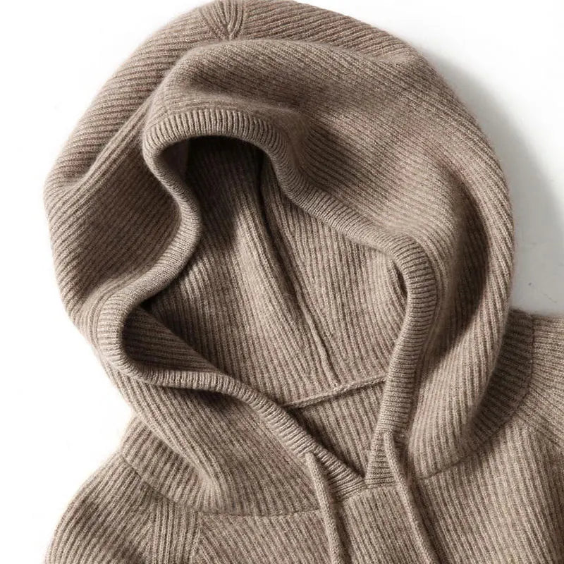 Women's Claudia cashmere hoodie by Christine Brewer, soft beige hoodie with a relaxed fit and cozy knit fabric.