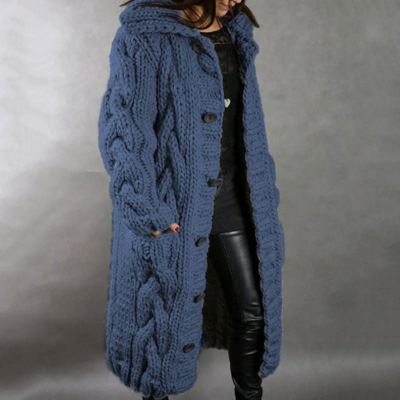 Karina elegant cozy coat by Christine Brewer with tummy coverage, shown in a front view, soft fabric and stylish design.