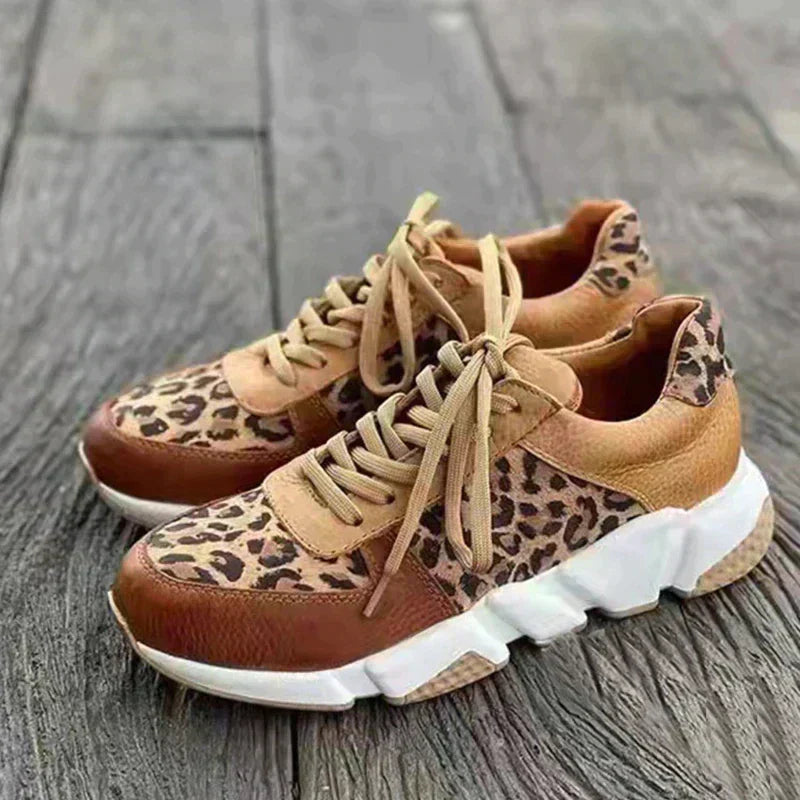 Comfortable women's orthopedic Leopard sneakers by Christine Brewer, ideal for walking with stylish animal print design.