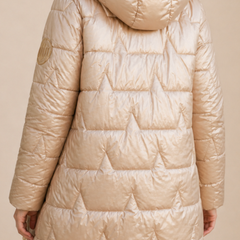 Christine Brewer Julia longline hooded puffer jacket for women, winter coat with zip front and insulated design.