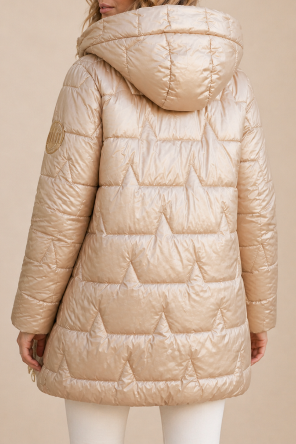 Christine Brewer Julia longline hooded puffer jacket for women, winter coat with zip front and insulated design.