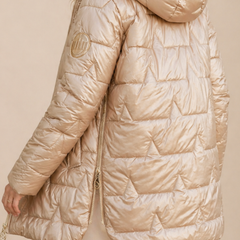 Christine Brewer Julia longline hooded puffer jacket for women, featuring a zip front and warm winter coat design.