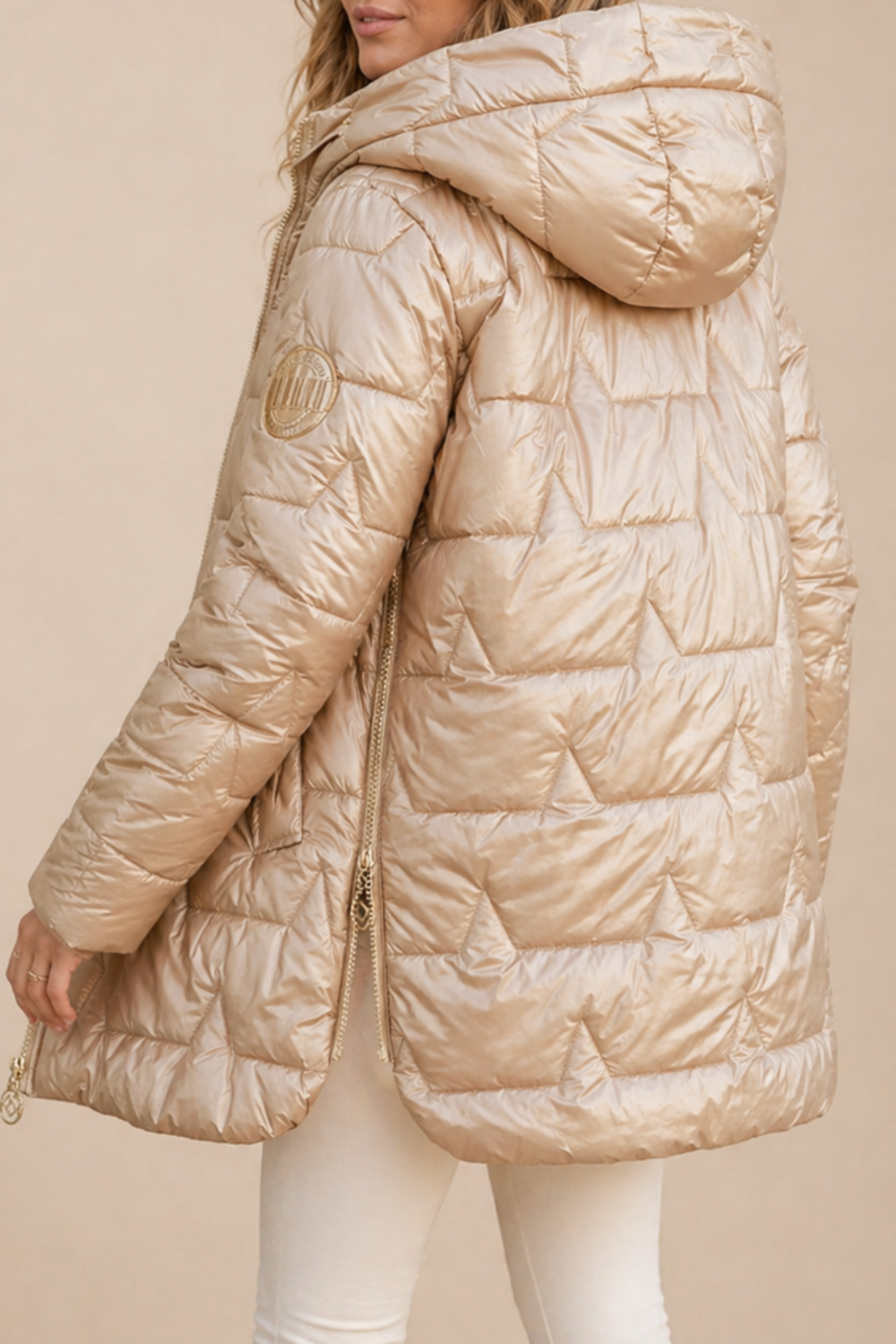 Christine Brewer Julia longline hooded puffer jacket for women, featuring a zip front and warm winter coat design.