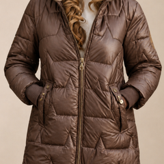 Christine Brewer Julia longline hooded puffer jacket for women, featuring a zip front and insulated winter coat design.