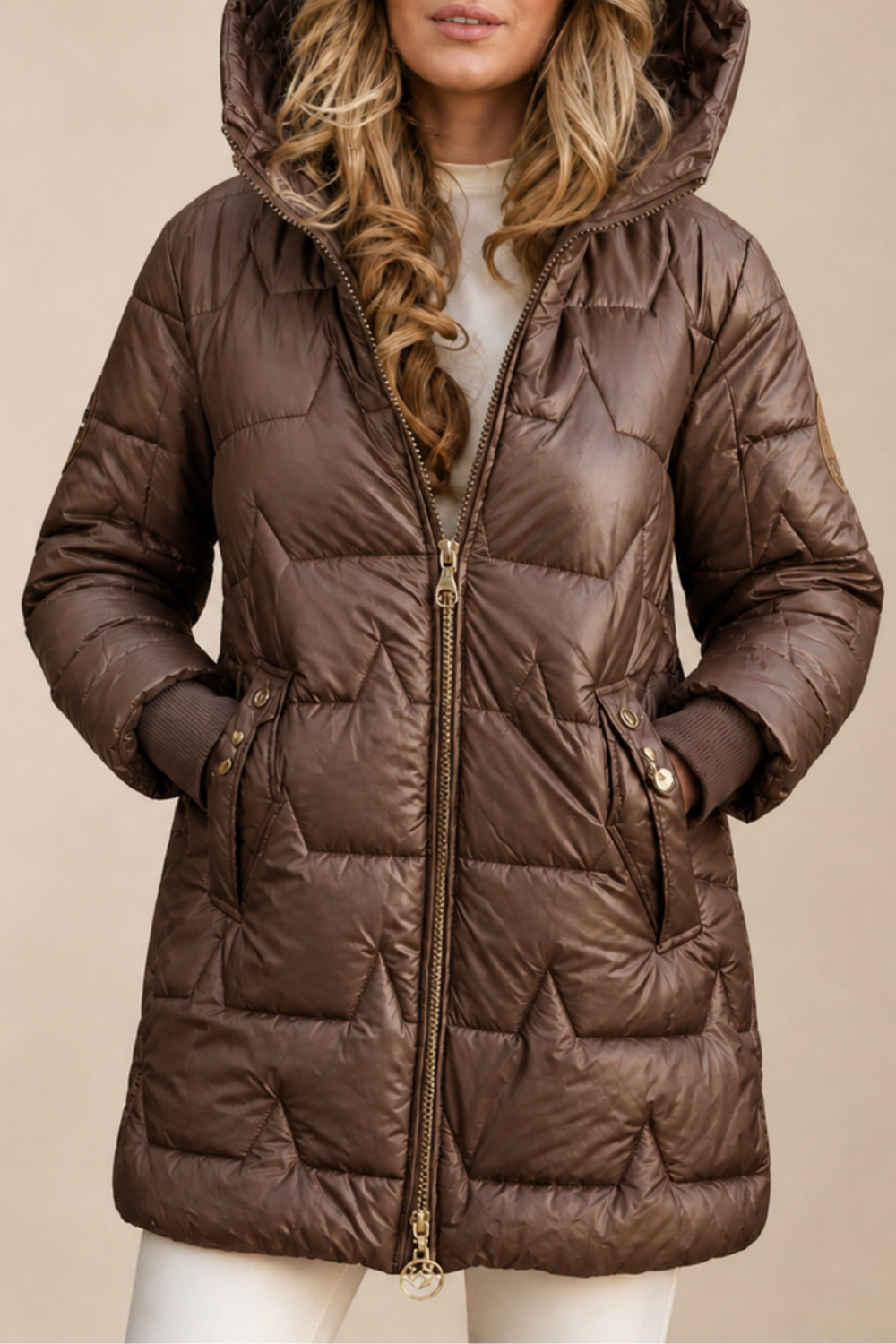 Christine Brewer Julia longline hooded puffer jacket for women, featuring a zip front and insulated winter coat design.