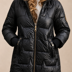 Christine Brewer Julia longline hooded puffer jacket for women, stylish winter coat with zip front and insulated design.