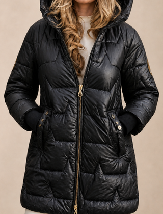 Christine Brewer Julia longline hooded puffer jacket for women, stylish winter coat with zip front and insulated design.