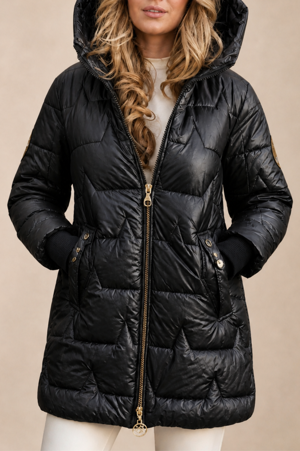Christine Brewer Julia longline hooded puffer jacket for women, stylish winter coat with zip front and insulated design.