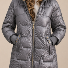 Christine Brewer Julia longline hooded puffer jacket for women, winter coat with zip front and quilted design.