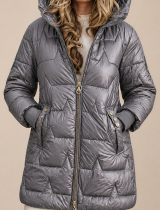 Christine Brewer Julia longline hooded puffer jacket for women, winter coat with zip front and quilted design.