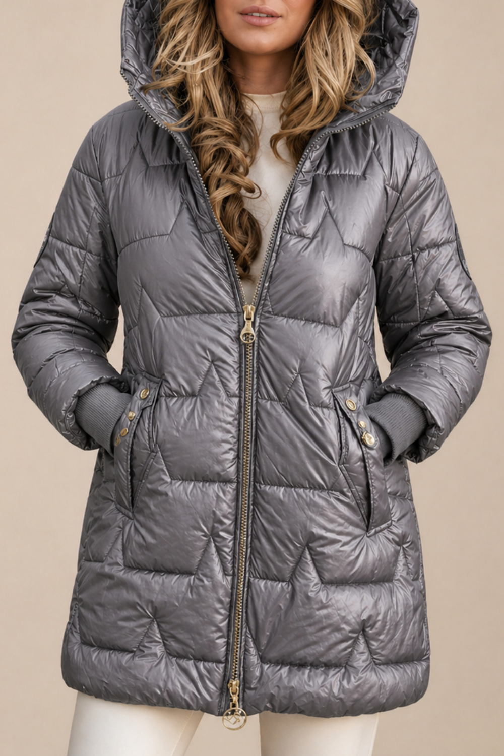 Christine Brewer Julia longline hooded puffer jacket for women, winter coat with zip front and quilted design.