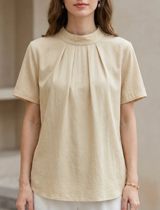 Ivory yellow summer blouse for women by Christine Brewer, high neck short sleeve top with a lightweight, stylish design.