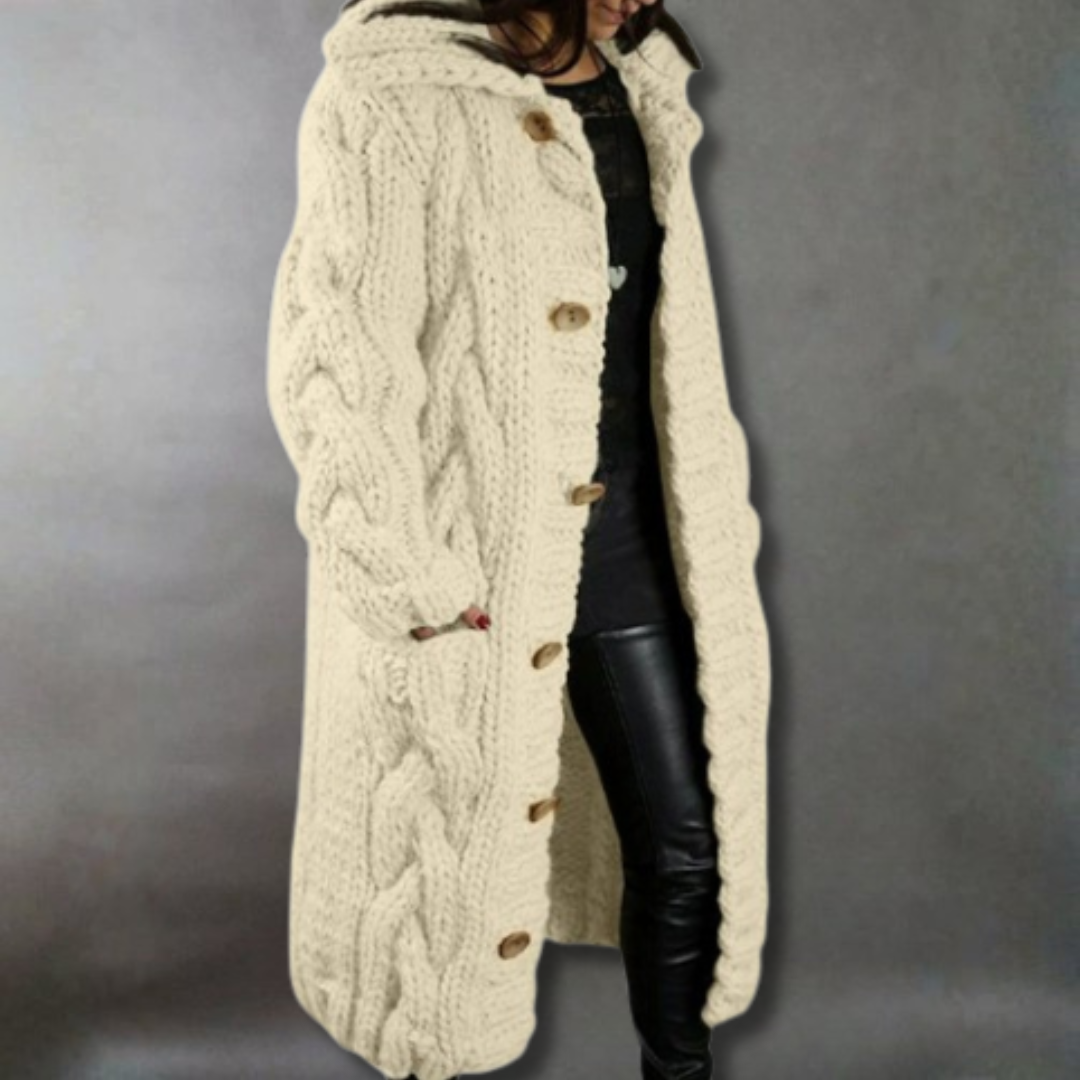 Karina elegant cozy coat with tummy coverage by Christine Brewer, shown in a stylish, warm outerwear design with a front view.