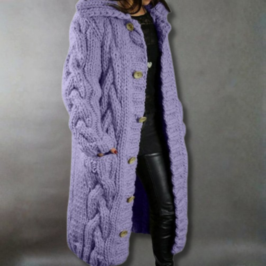 Karina elegant cosy coat with tummy coverage by Christine Brewer, shown in a stylish, warm design perfect for chilly weather.
