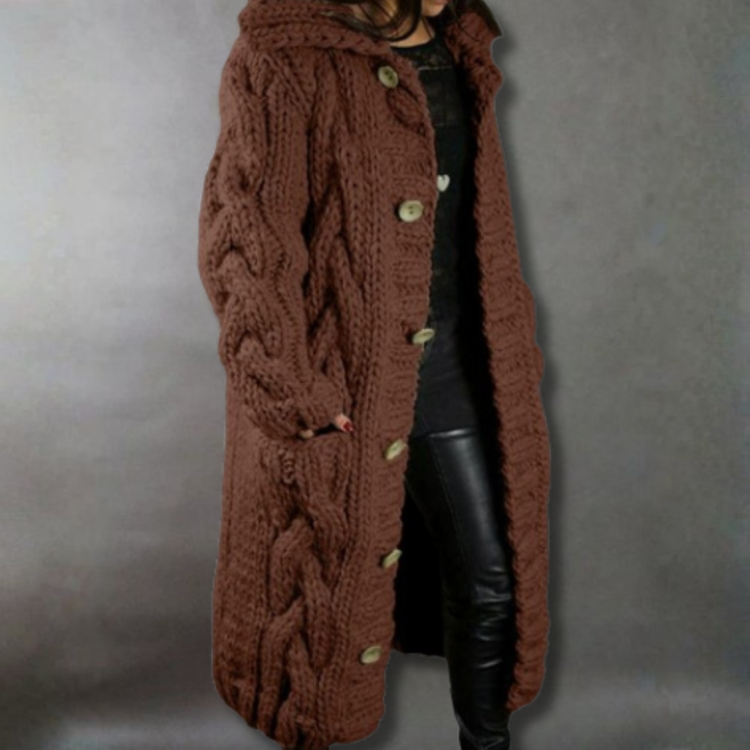Karina elegant cozy coat with tummy coverage by Christine Brewer, featuring a stylish design and warm fabric.