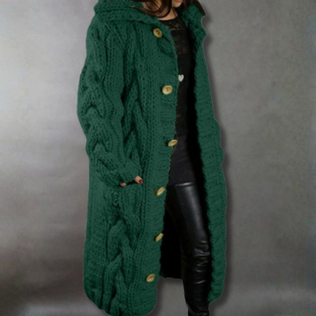 Karina elegant cozy coat by Christine Brewer featuring tummy coverage and stylish design, ideal for cold weather.