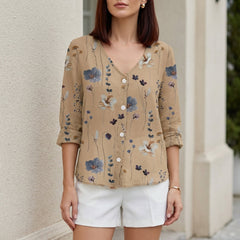 Khaki floral V-neck summer blouse for women with denim button front, stylish and lightweight top by Christine Brewer.