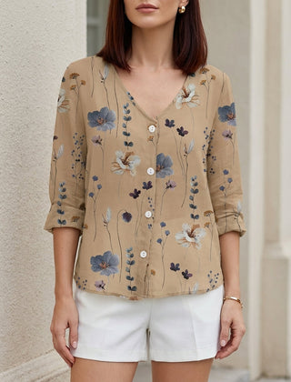 Khaki floral V-neck summer blouse for women with denim button front, stylish and lightweight top by Christine Brewer.