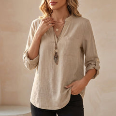 Khaki V-neck linen summer blouse for women by Christine Brewer, featuring a flowy, lightweight design perfect for warm weather.