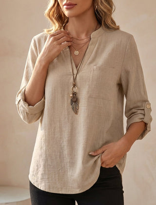 Khaki V-neck linen summer blouse for women by Christine Brewer, featuring a flowy, lightweight design perfect for warm weather.