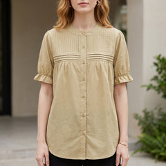 Khaki summer blouse for women with puff sleeves and button front, stylish denim top by Christine Brewer.