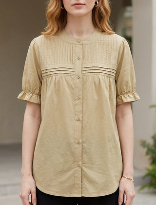 Khaki summer blouse for women with puff sleeves and button front, stylish denim top by Christine Brewer.