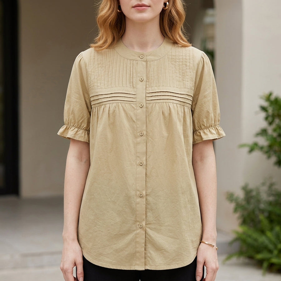 Khaki summer blouse for women with puff sleeves and button front, stylish denim top by Christine Brewer.