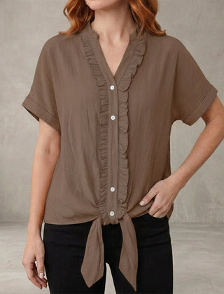 Khaki summer blouse for women by Christine Brewer, V-neck denim top with ruffle details, casual and stylish for warm weather.