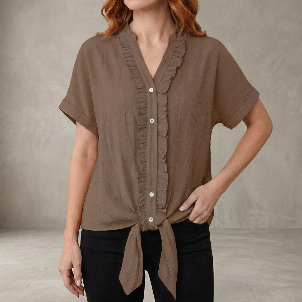 Khaki summer blouse for women by Christine Brewer, V-neck denim top with ruffle details, casual and stylish for warm weather.