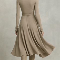 Knit long sleeve midi dress by Christine Brewer, elegant evening dress with a fitted silhouette and soft knit fabric.