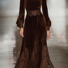Elegant high-neck velvet maxi dress for women with lace patchwork and balloon sleeves, by Christine Brewer.