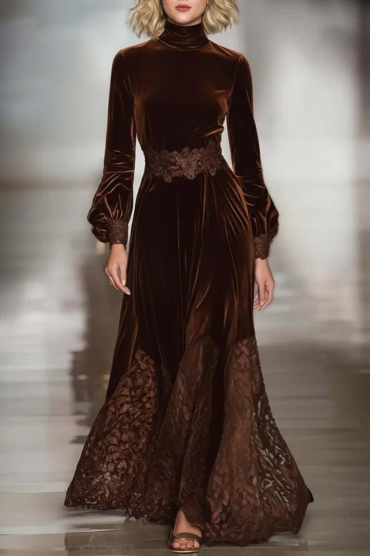Elegant high-neck velvet maxi dress for women with lace patchwork and balloon sleeves, by Christine Brewer.