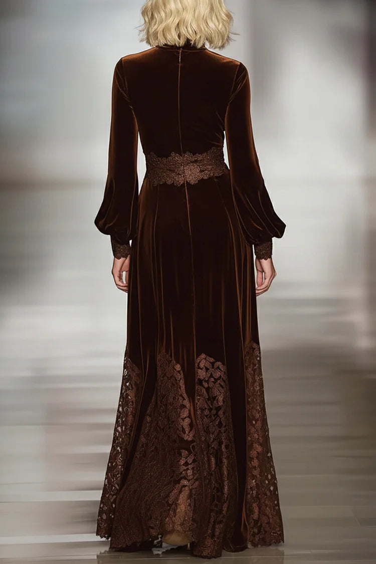 Elegant women's maxi dress with high neck velvet fabric, lace patchwork, and balloon sleeves by Christine Brewer.