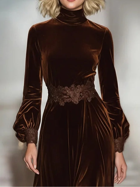 Rhonda | Brown Velvet Turtleneck Dress for Women, Cocktail