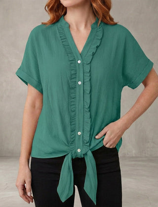 Lake green summer blouse for women by Christine Brewer featuring a V-neck, denim fabric, and ruffle details, casual style top.