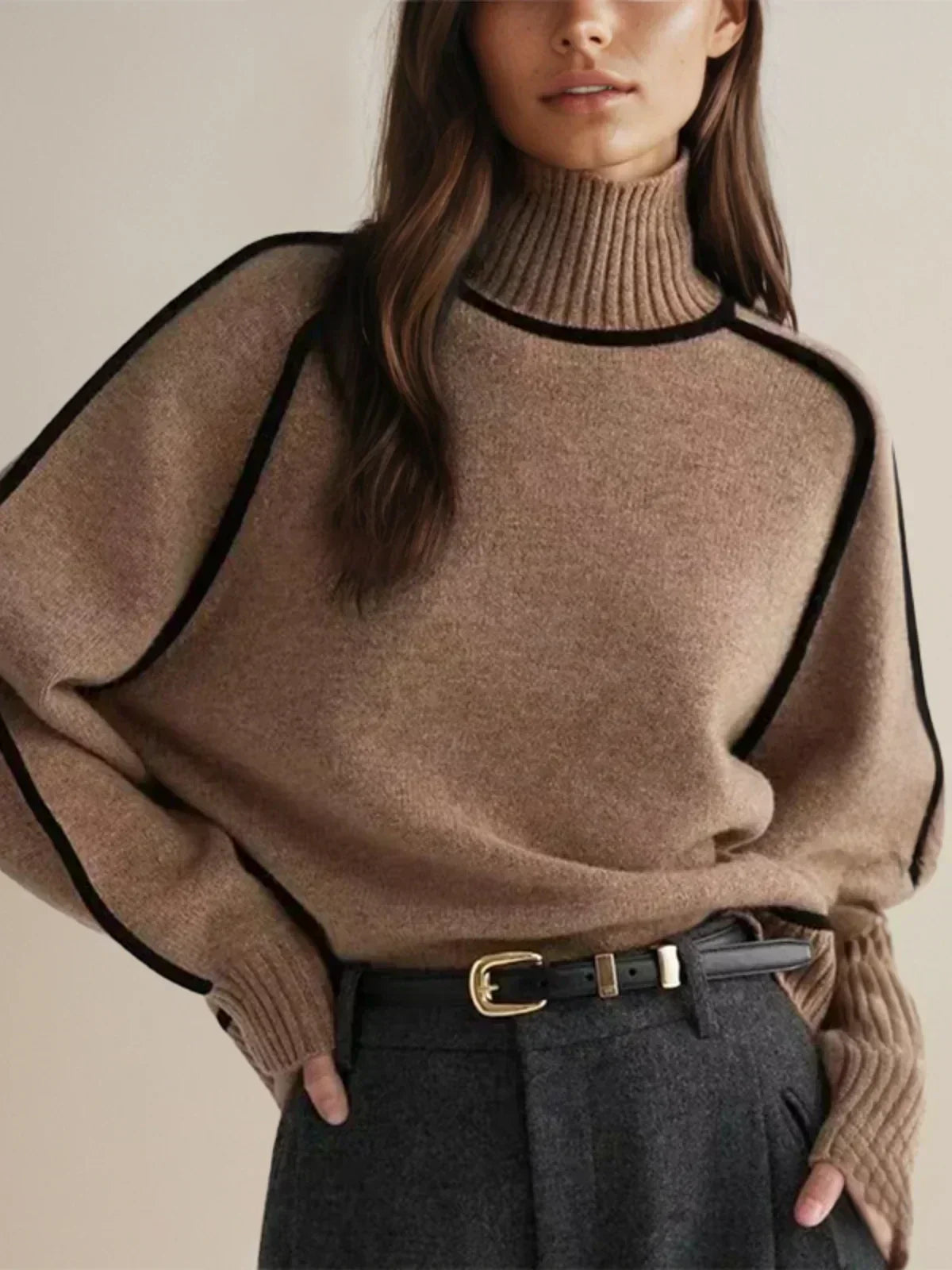 Brown Christine Brewer Clara turtleneck sweater for women with luxe wool edges, perfect for autumn wear.
