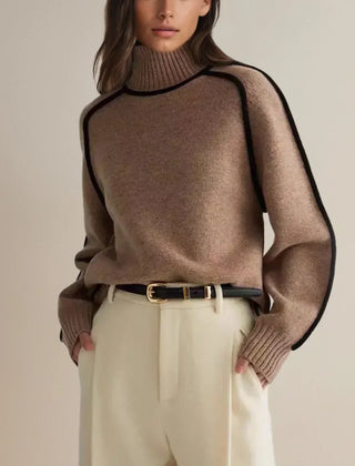 Brown oversized turtleneck sweater by Christine Brewer with luxe wool edge trim, perfect for autumn, featuring a tailored, versatile style.