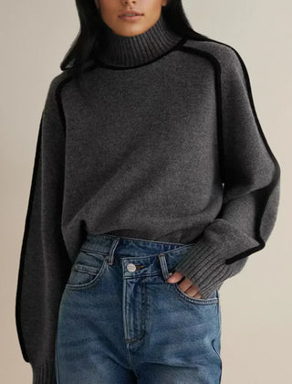Black Clara turtleneck sweater for women by Christine Brewer featuring luxe wool edge trim, perfect for autumn wear.